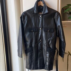 GV Faux Leather Jacket with Black Leopard Trim. Matching belt, Lined.